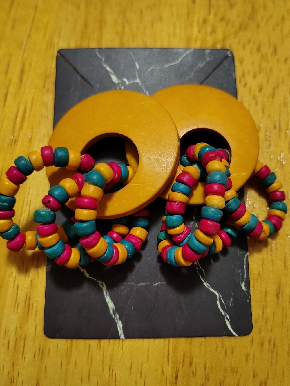 Vintage Y2K Colorful Beaded Wood Hoop Earrings • Boho Tropical Statement